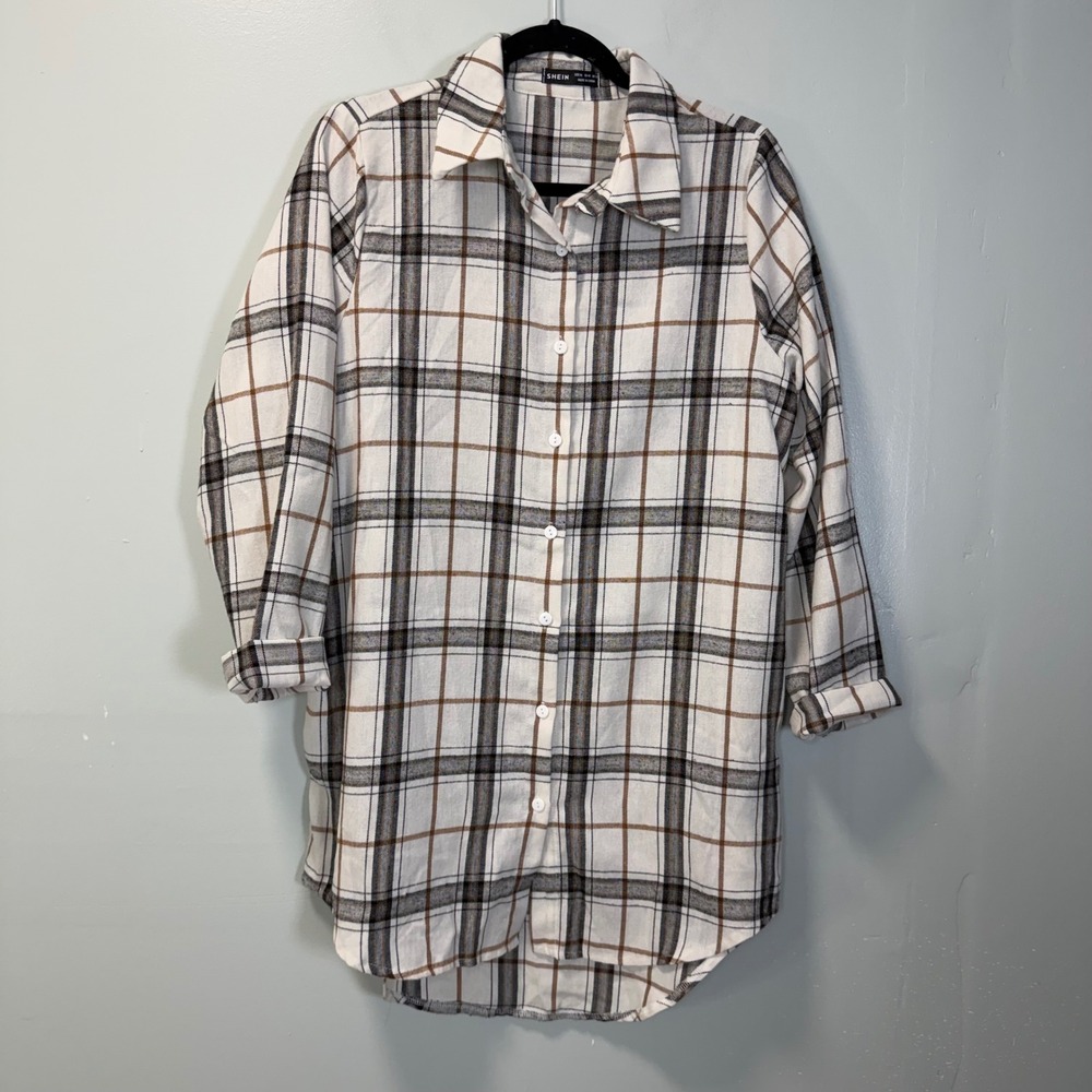 SHEIN Plaid Button Down Longline Shirt White Brown XL